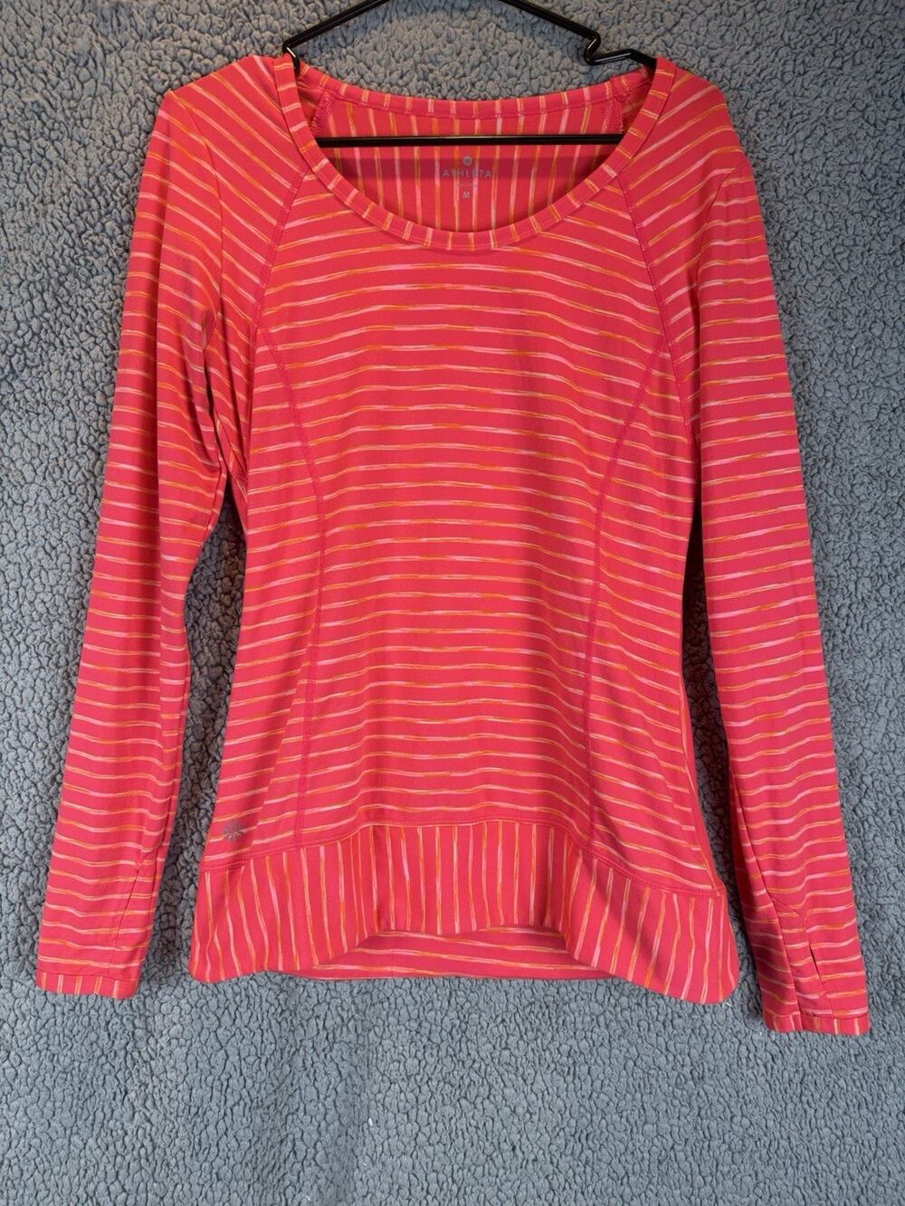 Athleta Women's Sz M Coral Pop Space Dye Stripe Top Thumbholes 930284 Athleisure